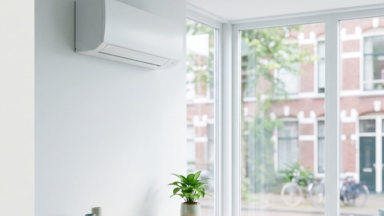 Wandmodel airconditioning in een lichte woonkamer met daglicht